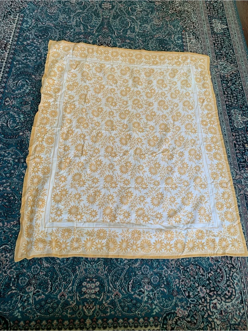 Vintage Yellow Floral Block Print Cotton Tablecloth Throw 55”x47”